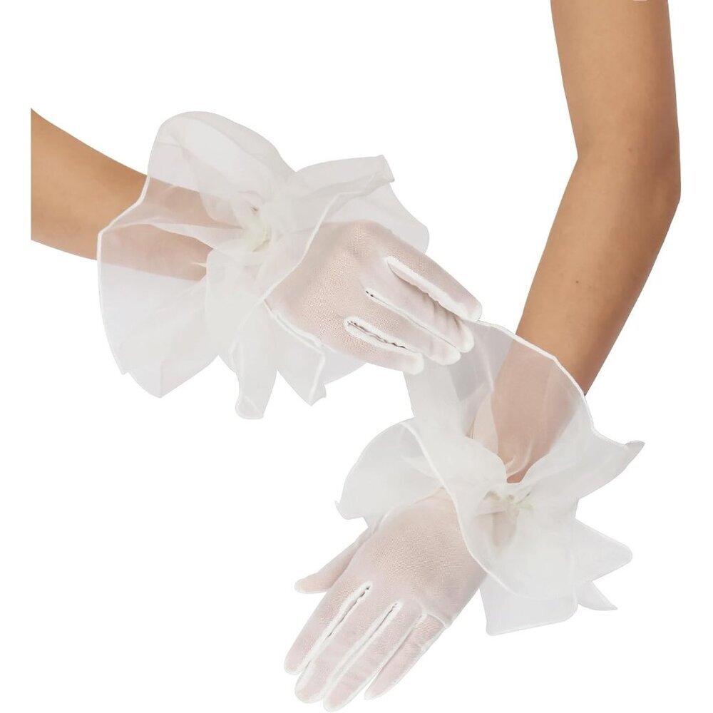 Women's Ivory Short Mesh Imported Tulle Sheer Lace Ruffles Gloves